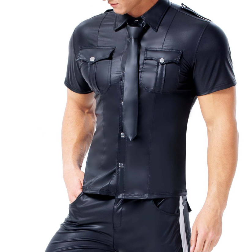 come4buy.com-Men's PU Leather T-shirt | Turn-down Collar Button Tee Shirt
